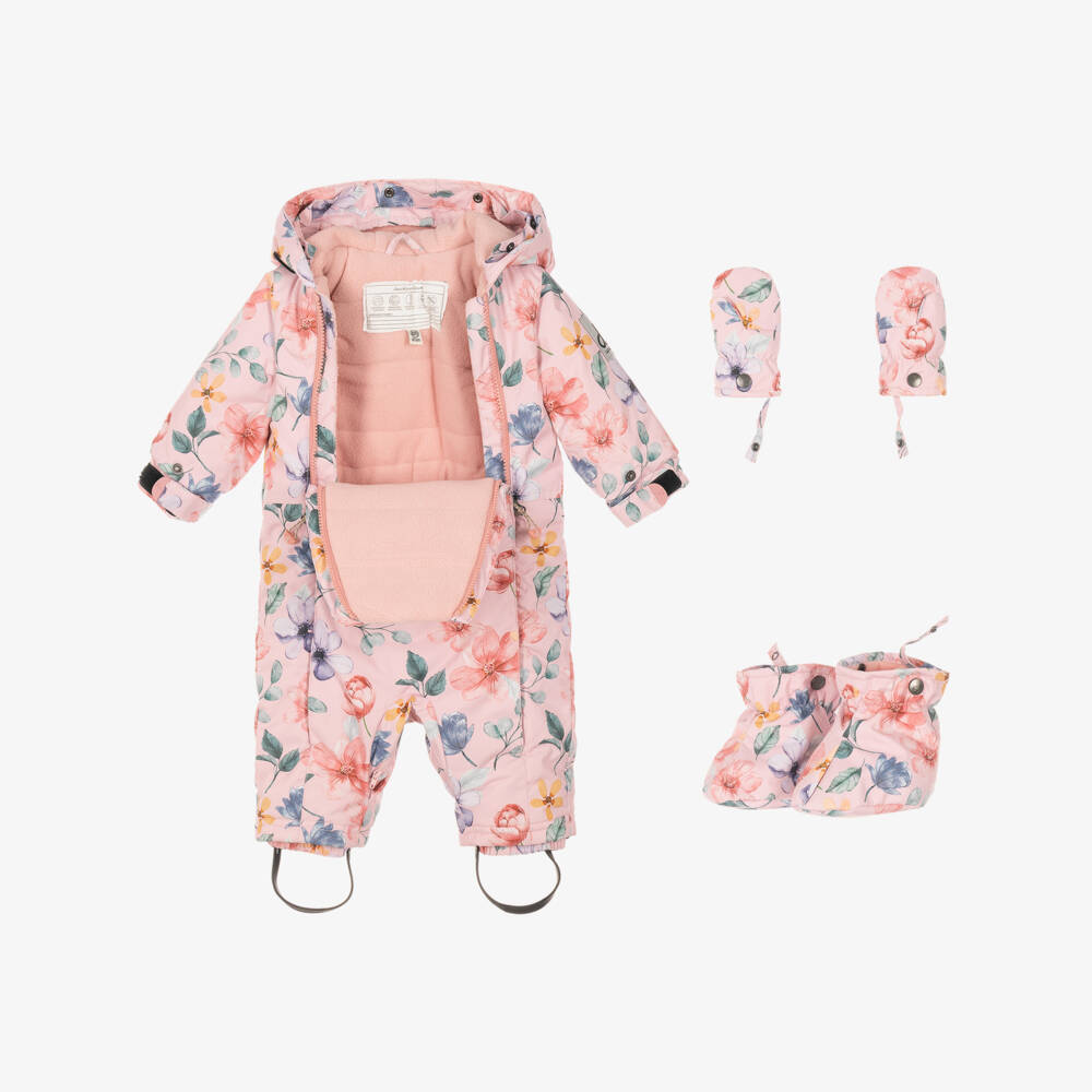 Deux par Deux-Baby Girls Pink Floral Print Technical Snowsuit | Childrensalon