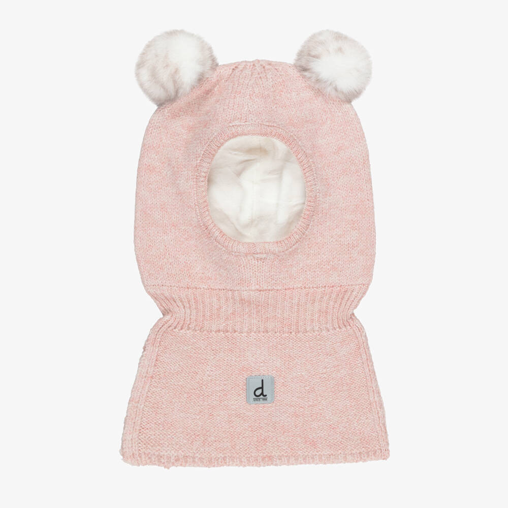 Deux par Deux-Baby Girls Pink Knitted Pom-Pom Balaclava | Childrensalon