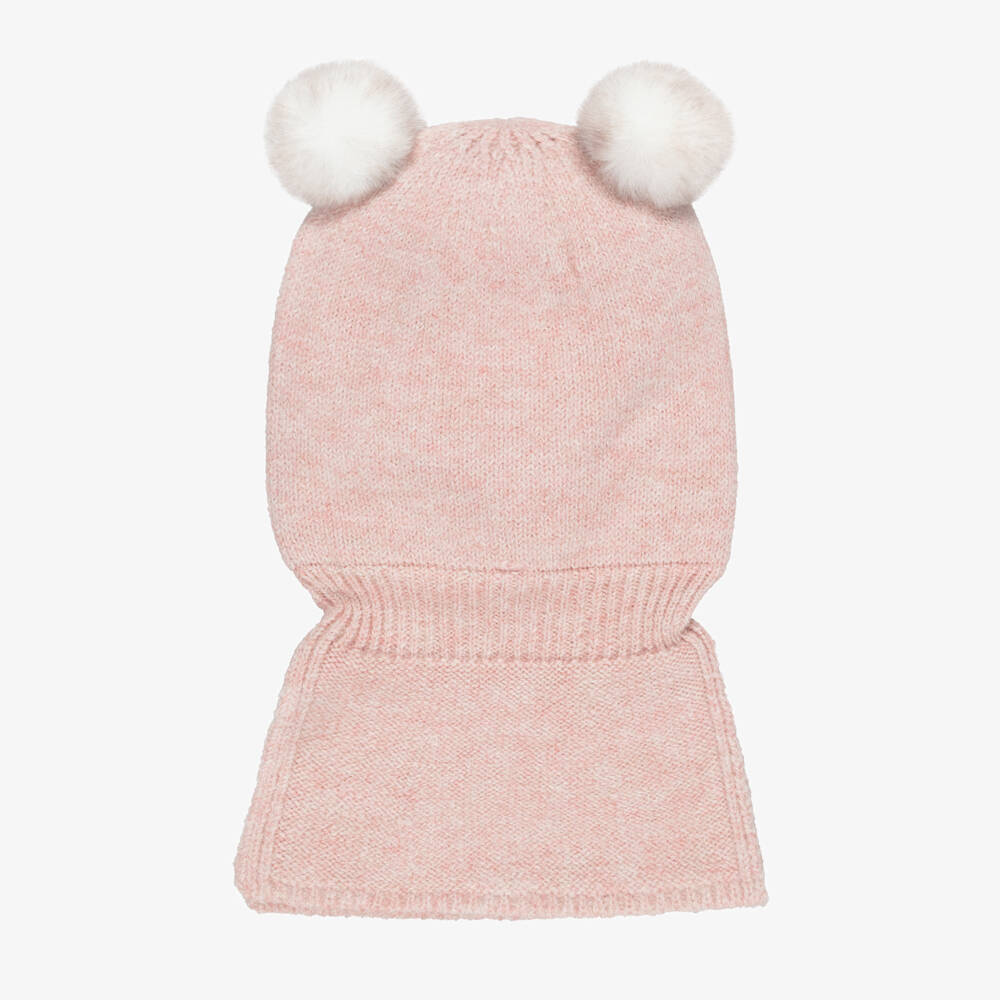 Deux par Deux-Baby Girls Pink Knitted Pom-Pom Balaclava | Childrensalon