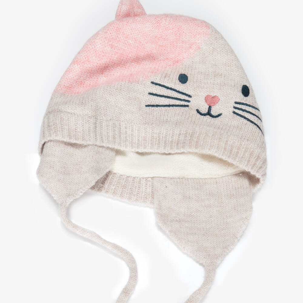 Deux par Deux-Beige Knitted Hat With Cat Face & Ears | Childrensalon