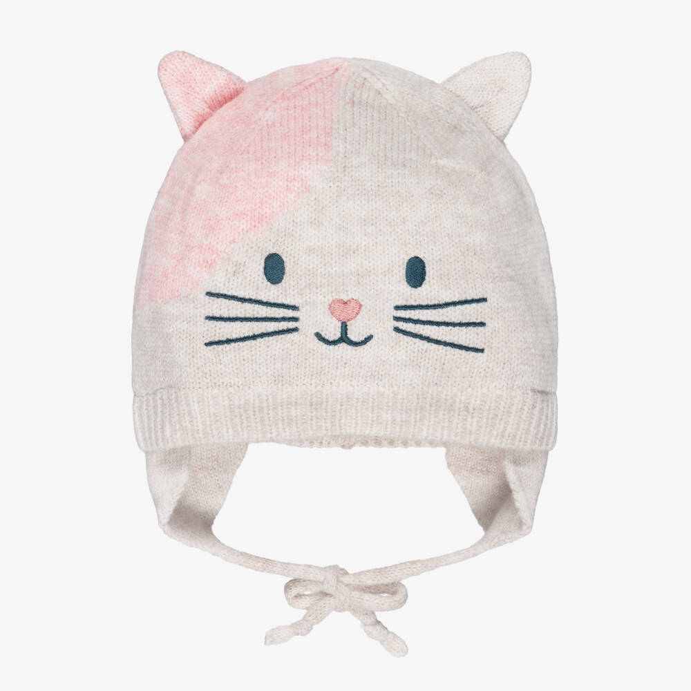 Deux par Deux-Beige Knitted Hat With Cat Face & Ears | Childrensalon