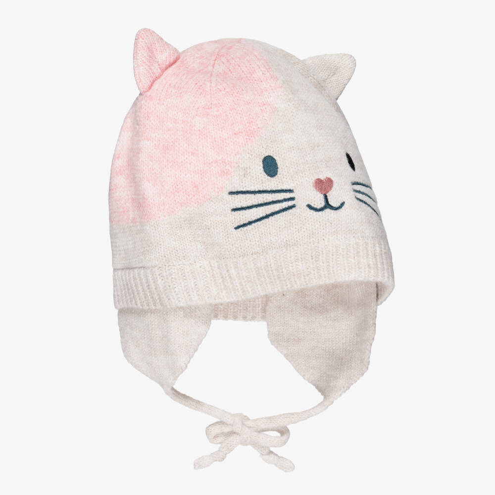 Deux par Deux-Beige Knitted Hat With Cat Face & Ears | Childrensalon