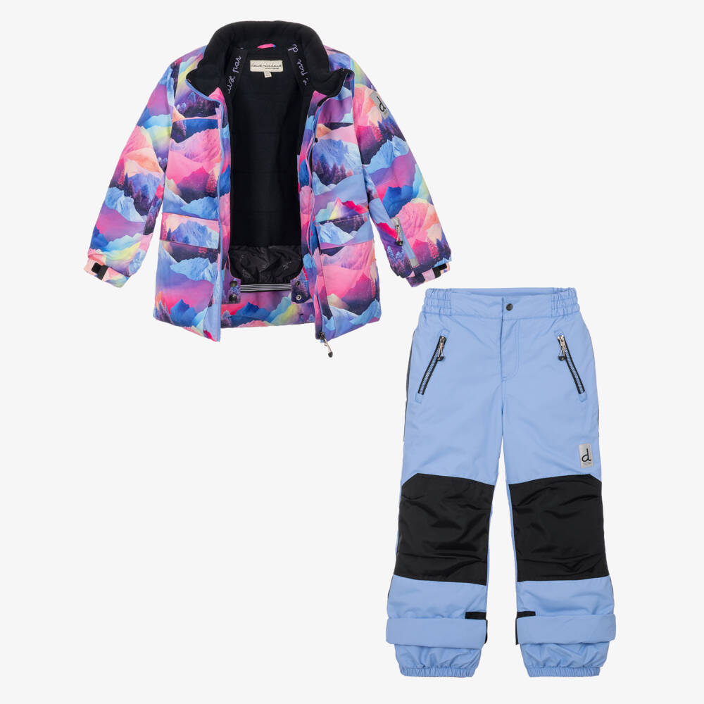 Deux par Deux-Blue & Pink Mountain Print Technical Snowsuit | Childrensalon