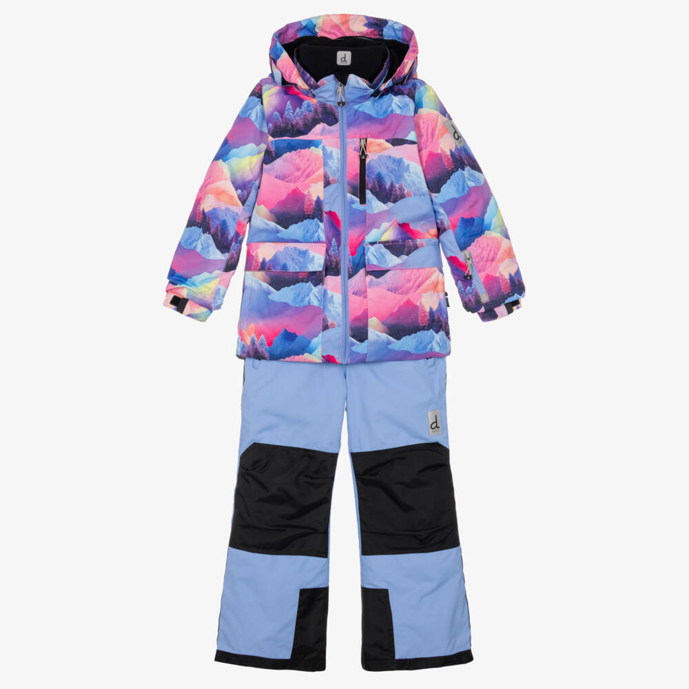 Deux par Deux-Blue & Pink Mountain Print Technical Snowsuit | Childrensalon