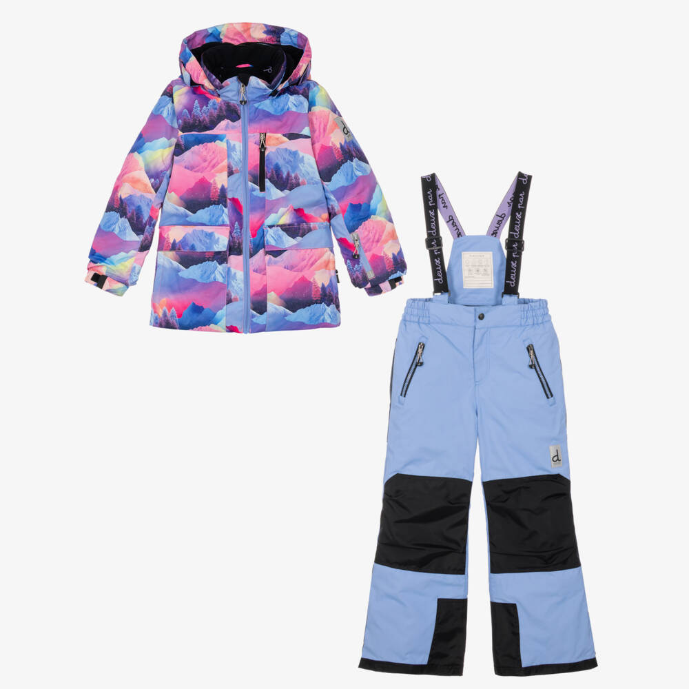 Deux par Deux-Blue & Pink Mountain Print Technical Snowsuit | Childrensalon