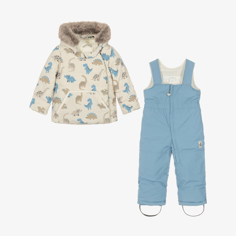 Deux par Deux-Boys Beige & Blue Dinosaur Print Technical Snowsuit | Childrensalon
