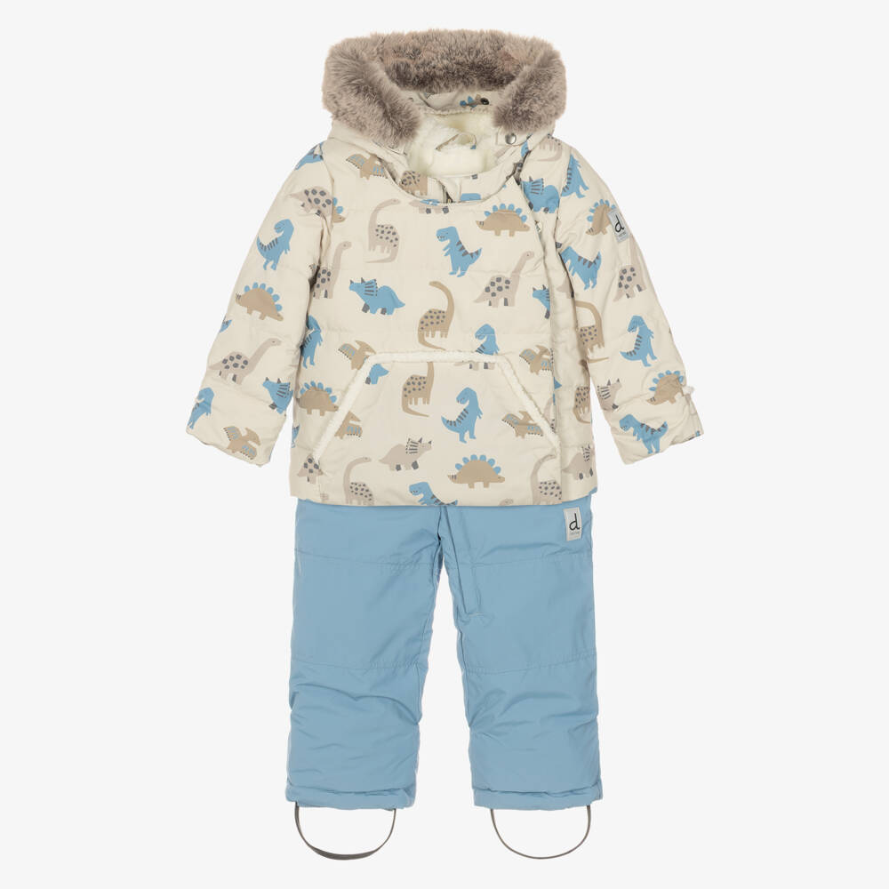 Deux par Deux-Boys Beige & Blue Dinosaur Print Technical Snowsuit | Childrensalon