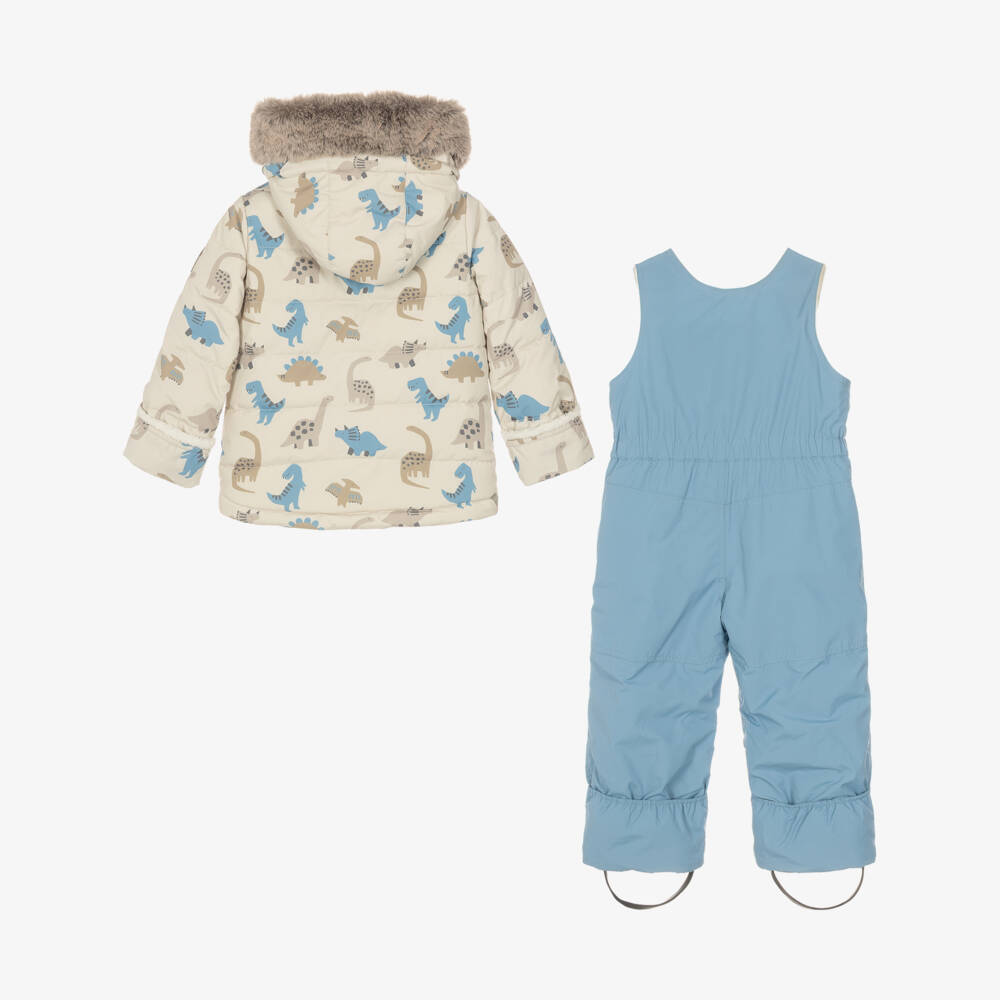 Deux par Deux-Boys Beige & Blue Dinosaur Print Technical Snowsuit | Childrensalon