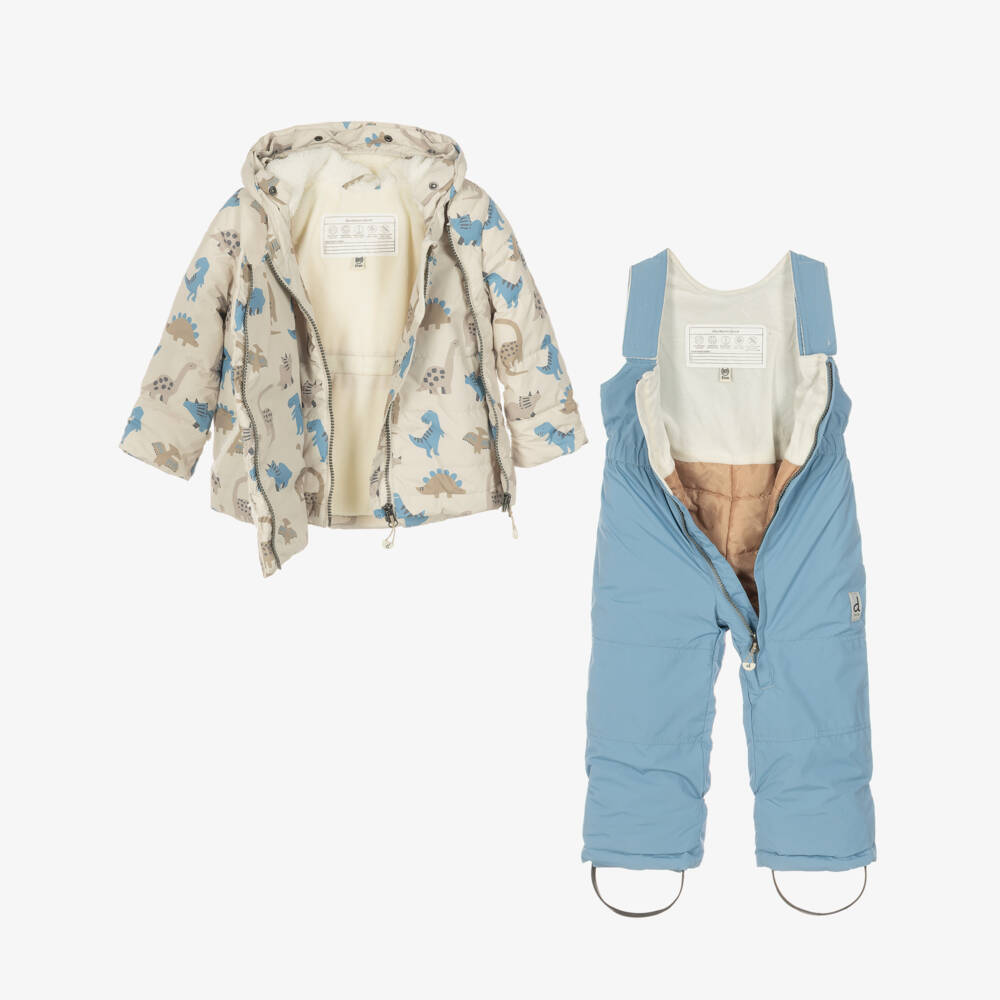 Deux par Deux-Boys Beige & Blue Dinosaur Print Technical Snowsuit | Childrensalon