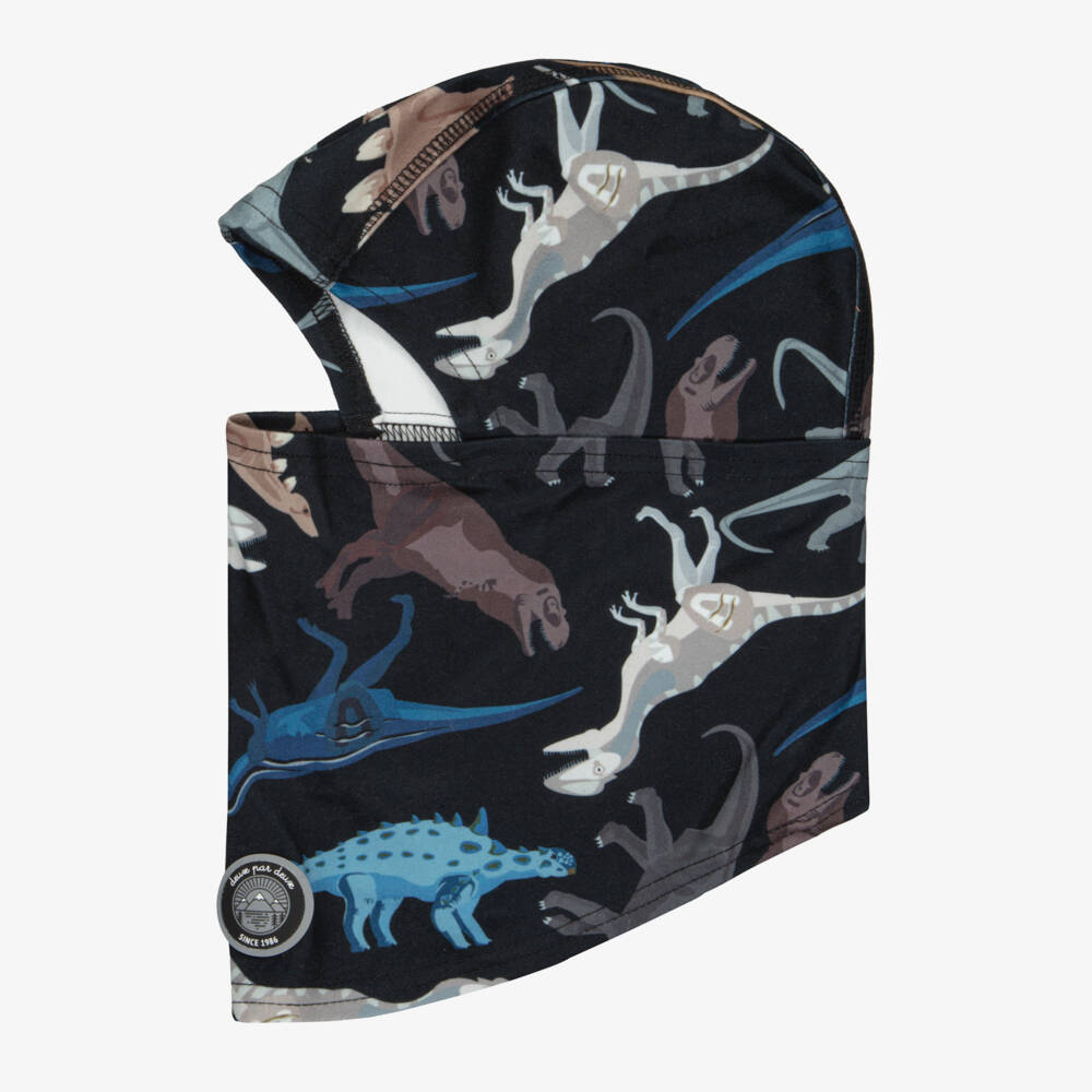 Deux par Deux-Boys Black Brushed Jersey Dinosaur Print Balaclava | Childrensalon