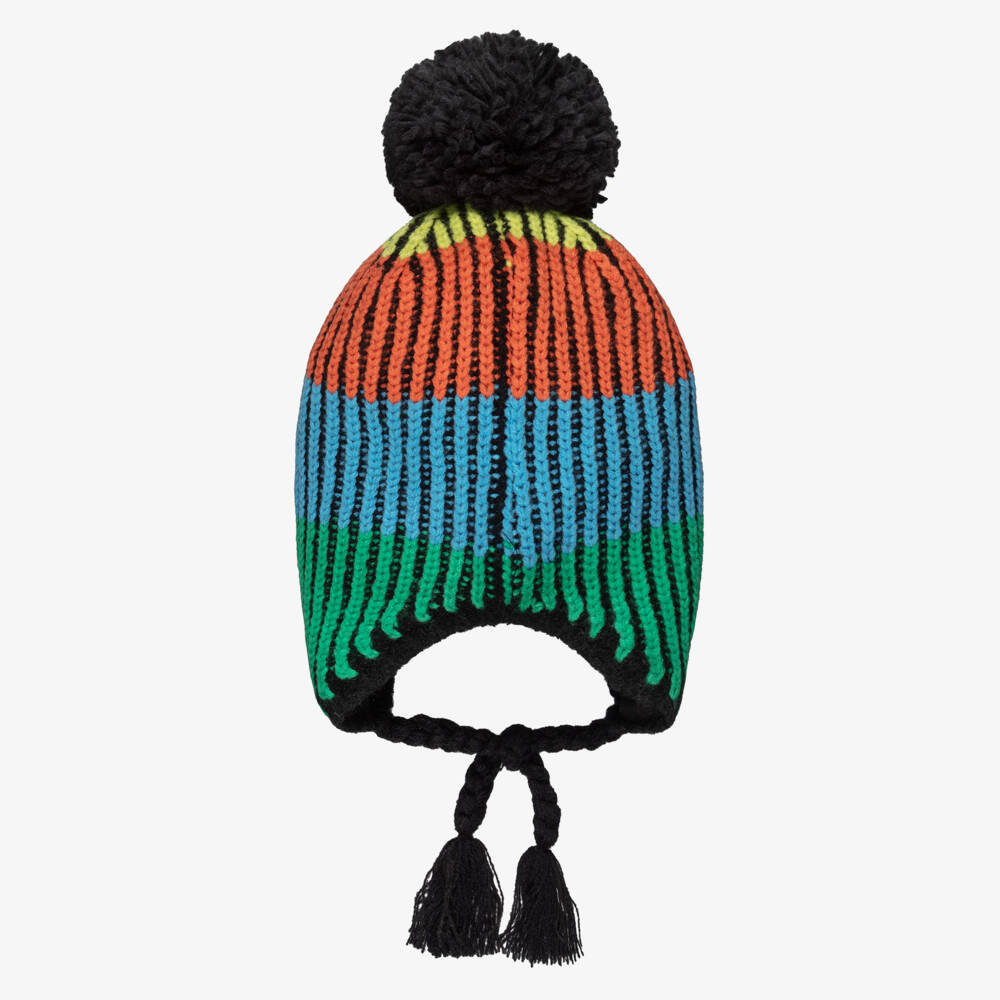 Deux par Deux-Boys Black Knitted Pom-Pom Hat with Colourful Stripes | Childrensalon