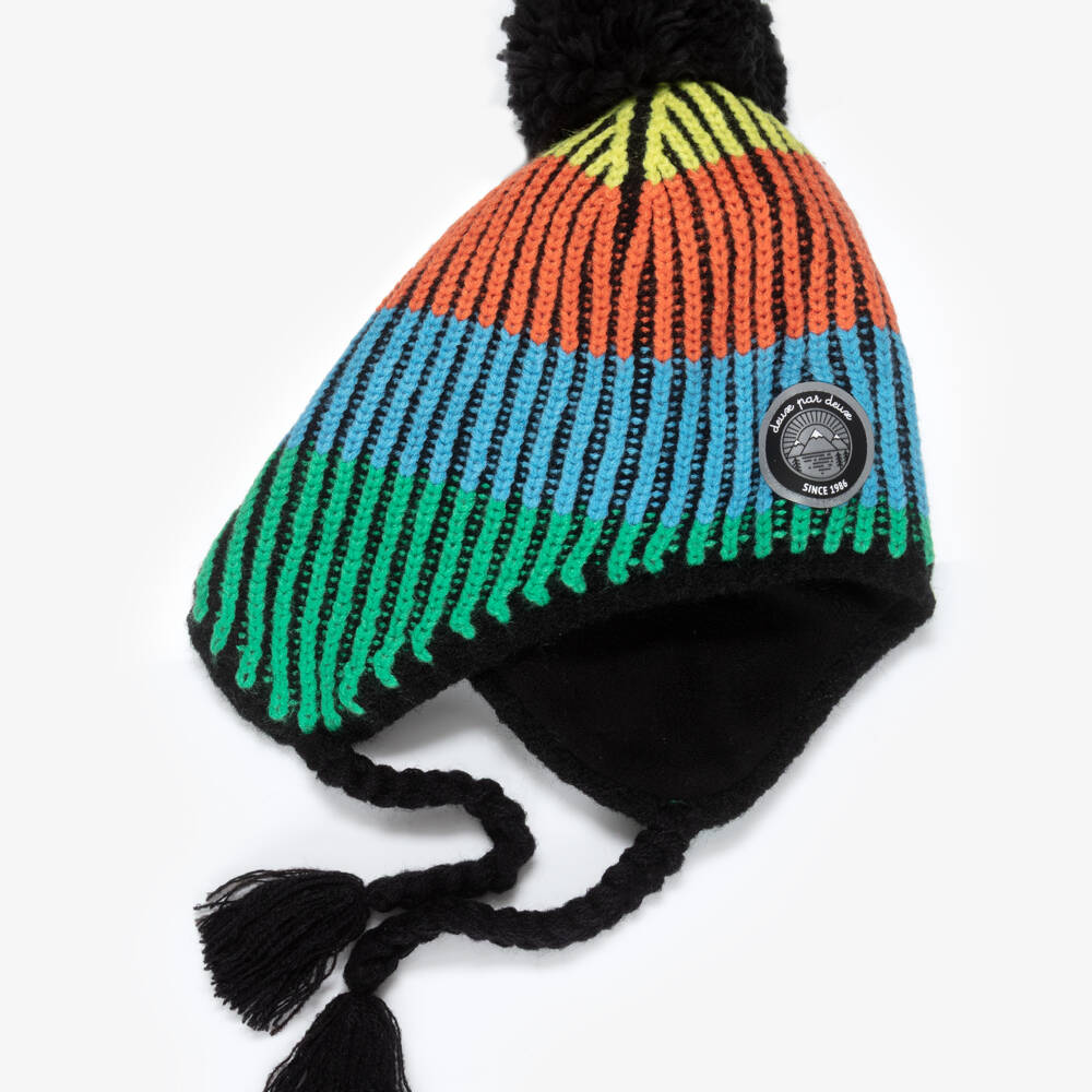 Deux par Deux-Boys Black Knitted Pom-Pom Hat with Colourful Stripes | Childrensalon