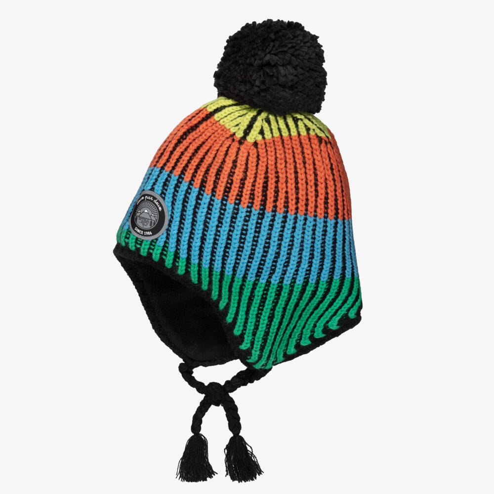 Deux par Deux-Boys Black Knitted Pom-Pom Hat with Colourful Stripes | Childrensalon