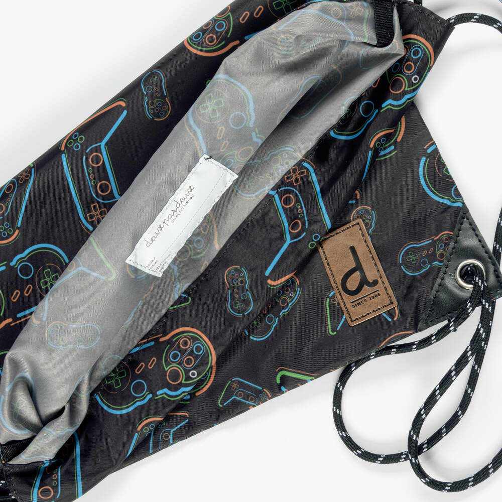 Deux par Deux-Boys Black Video Game Print Drawstring Backpack (39cm) | Childrensalon