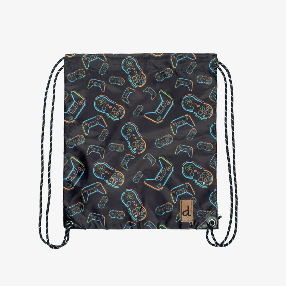 Deux par Deux-Boys Black Video Game Print Drawstring Backpack (39cm) | Childrensalon