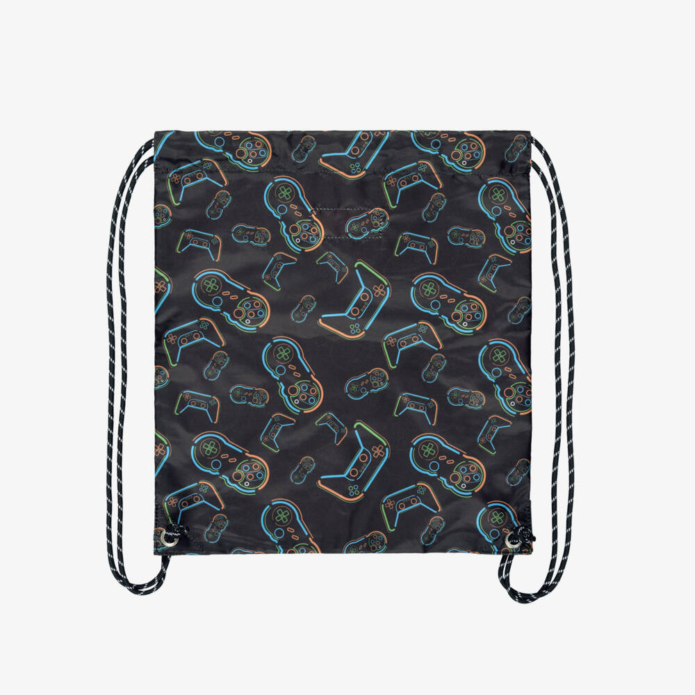 Deux par Deux-Boys Black Video Game Print Drawstring Backpack (39cm) | Childrensalon