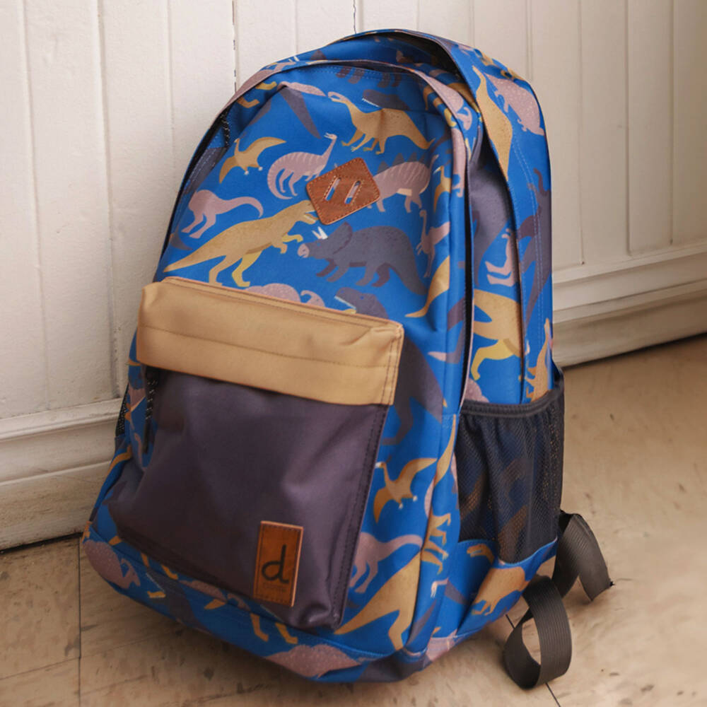 Deux par Deux-Boys Blue & Beige Dino Print Backpack (46cm) | Childrensalon