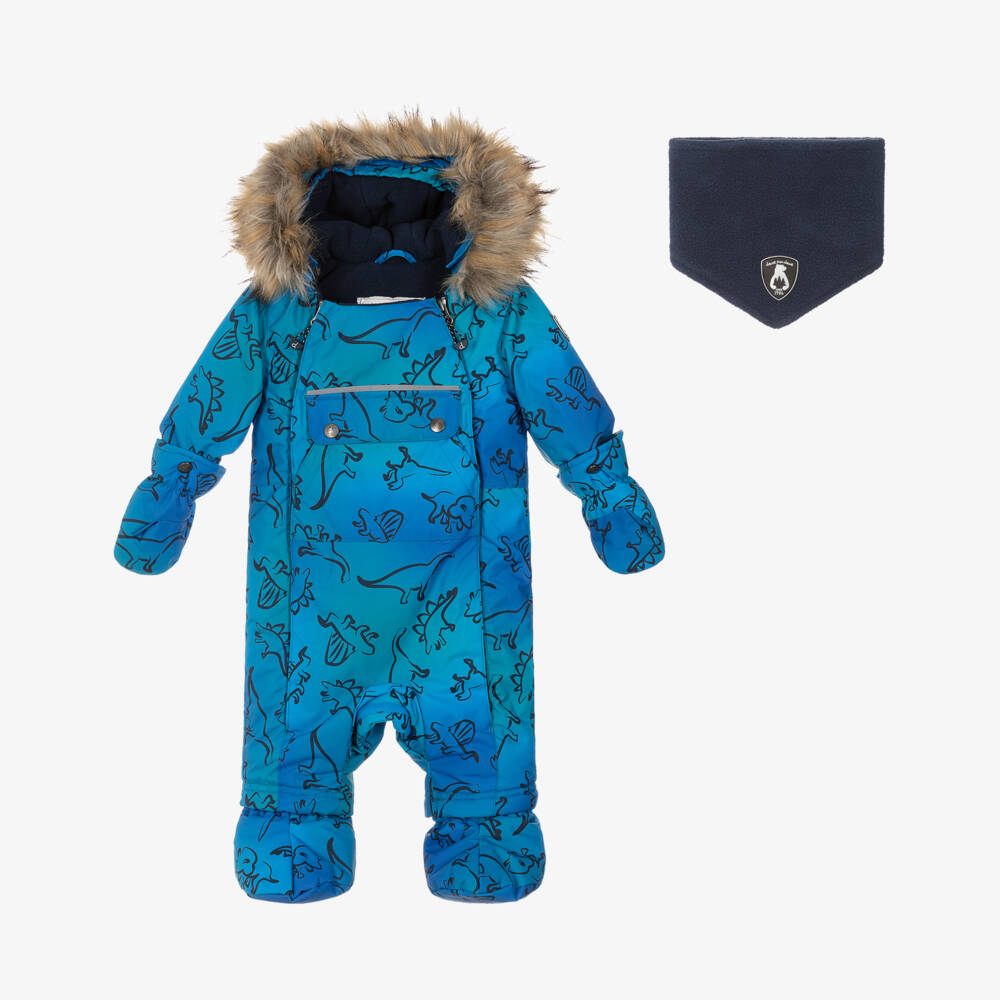 Deux par Deux-Boys Blue Dinosaur Print Snowsuit with Neck Warmer | Childrensalon