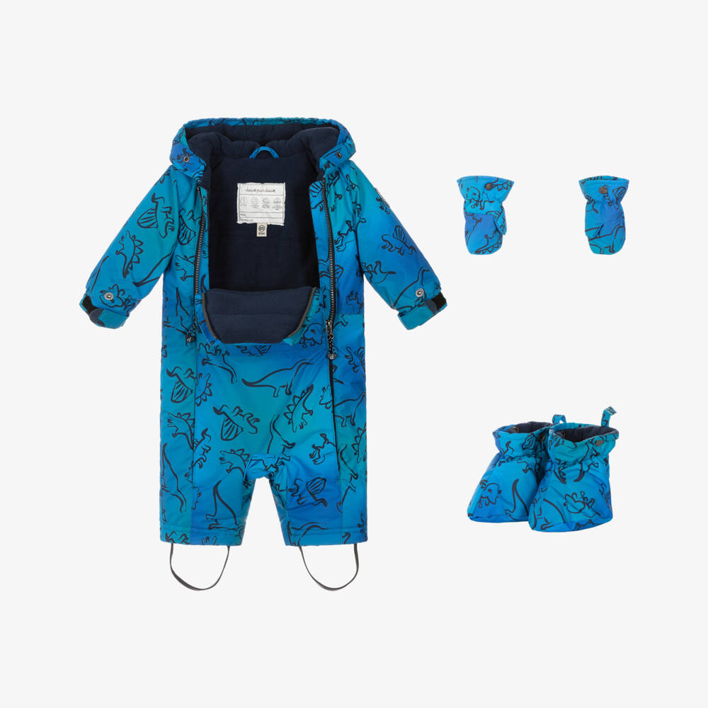 Deux par Deux-Boys Blue Dinosaur Print Snowsuit with Neck Warmer | Childrensalon