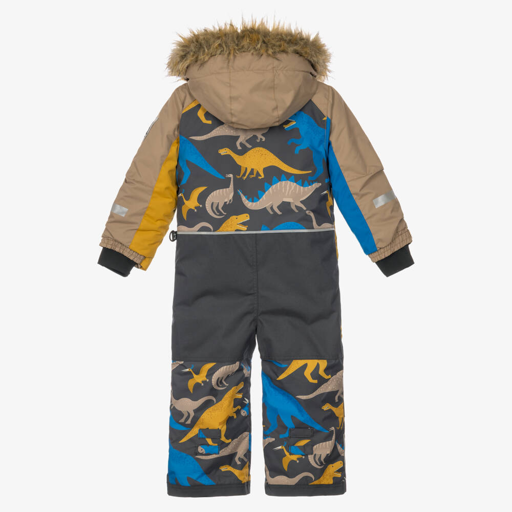 Deux par Deux-Boys Brown Technical Snowsuit with Dinosaur Prints | Childrensalon