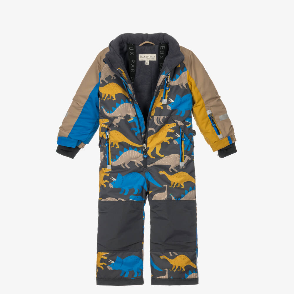 Deux par Deux-Boys Grey Technical Snowsuit with Dinosaur Prints | Childrensalon