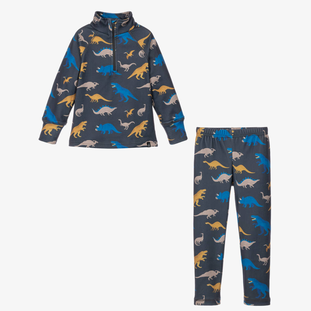 Deux par Deux-Dark Grey Dinosaur Print Thermal Base Layer Set | Childrensalon
