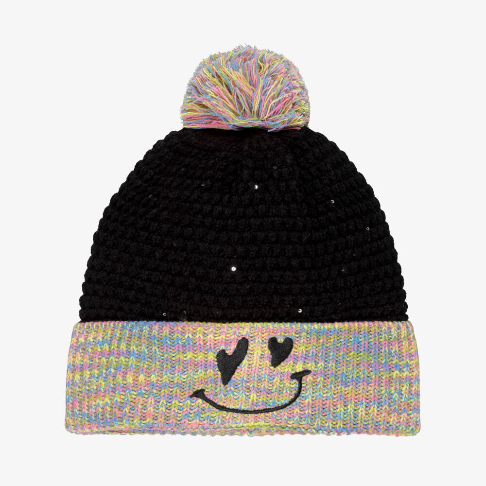 Deux par Deux-Girls Black Beanie Hat with Rainbow Pom-Pom | Childrensalon