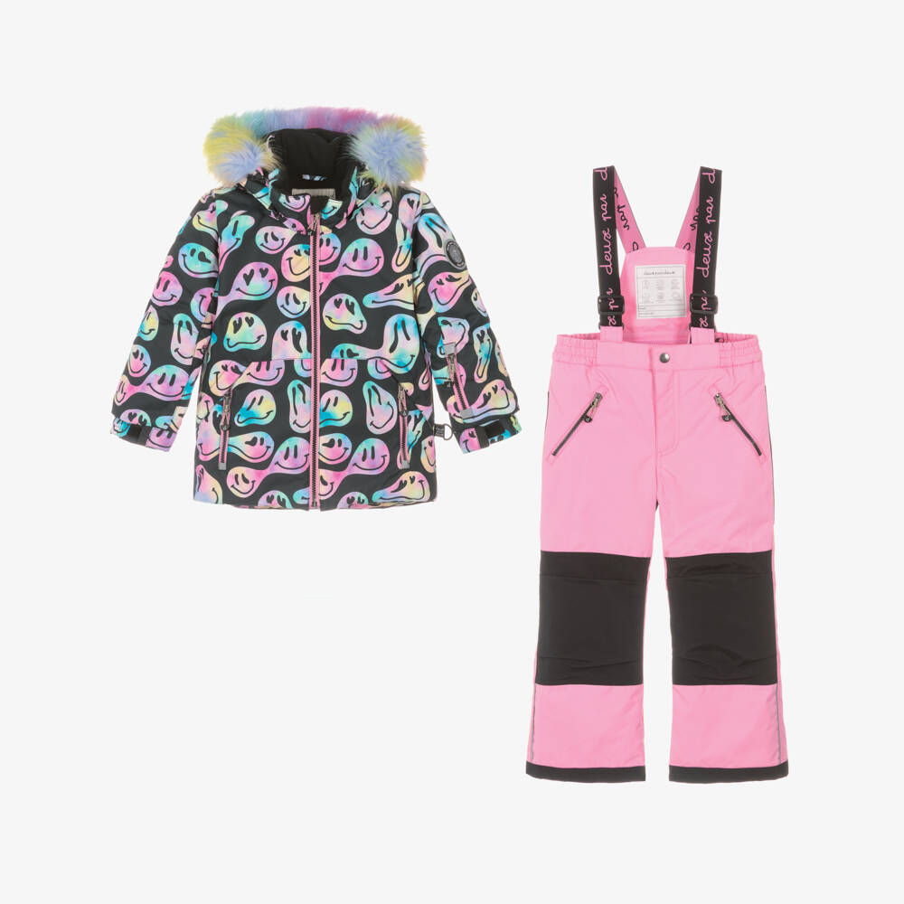 Deux par Deux-Girls Black & Pink Smiling Faces Snowsuit | Childrensalon