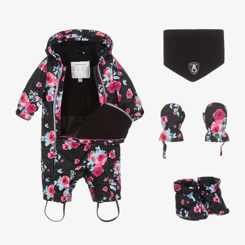 Deux par Deux-Girls Black Roses Snowsuit Set | Childrensalon