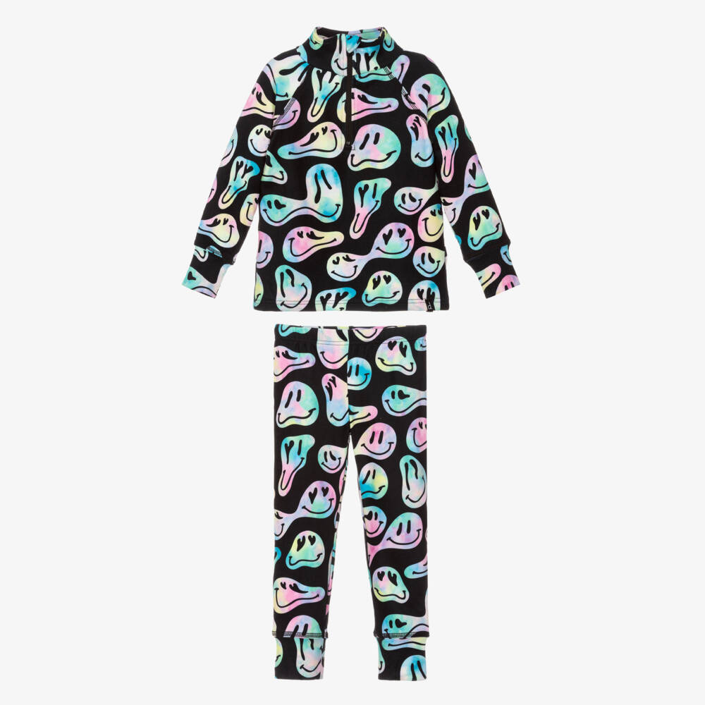 Deux par Deux-Girls Black Smiling Face Print Thermal Base Layer Set | Childrensalon