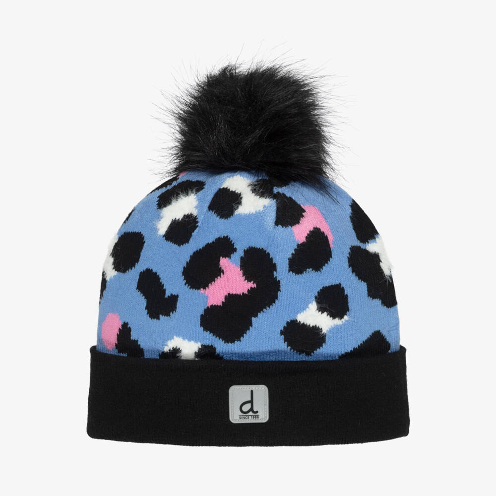 Deux par Deux-Girls Blue Knit Leopard Print Hat with Fluffy Pom-Pom | Childrensalon