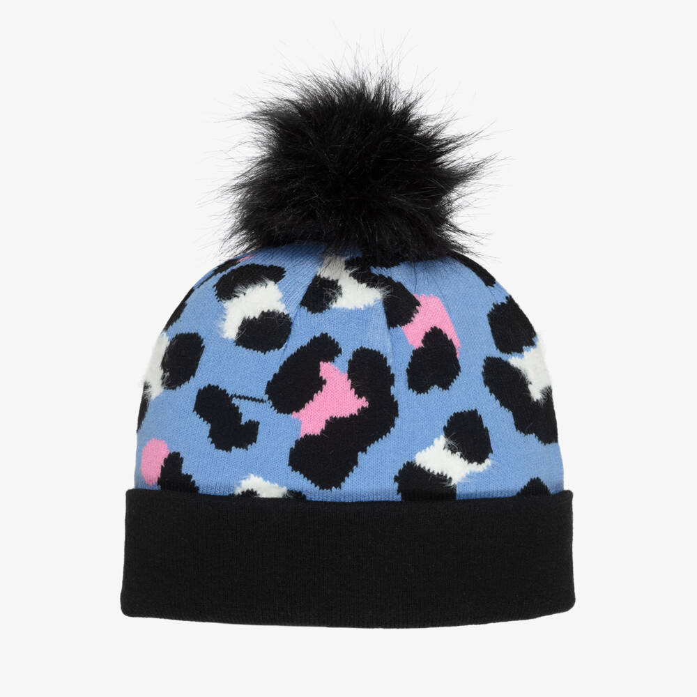Deux par Deux-Girls Blue Knit Leopard Print Hat with Fluffy Pom-Pom | Childrensalon