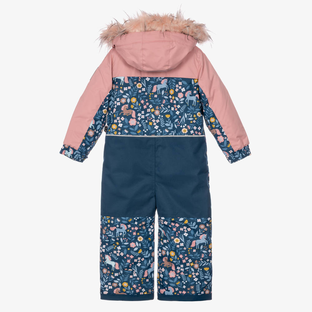 Deux par Deux-Girls Blue & Pink Floral Print Snowsuit with Detachable Hood | Childrensalon