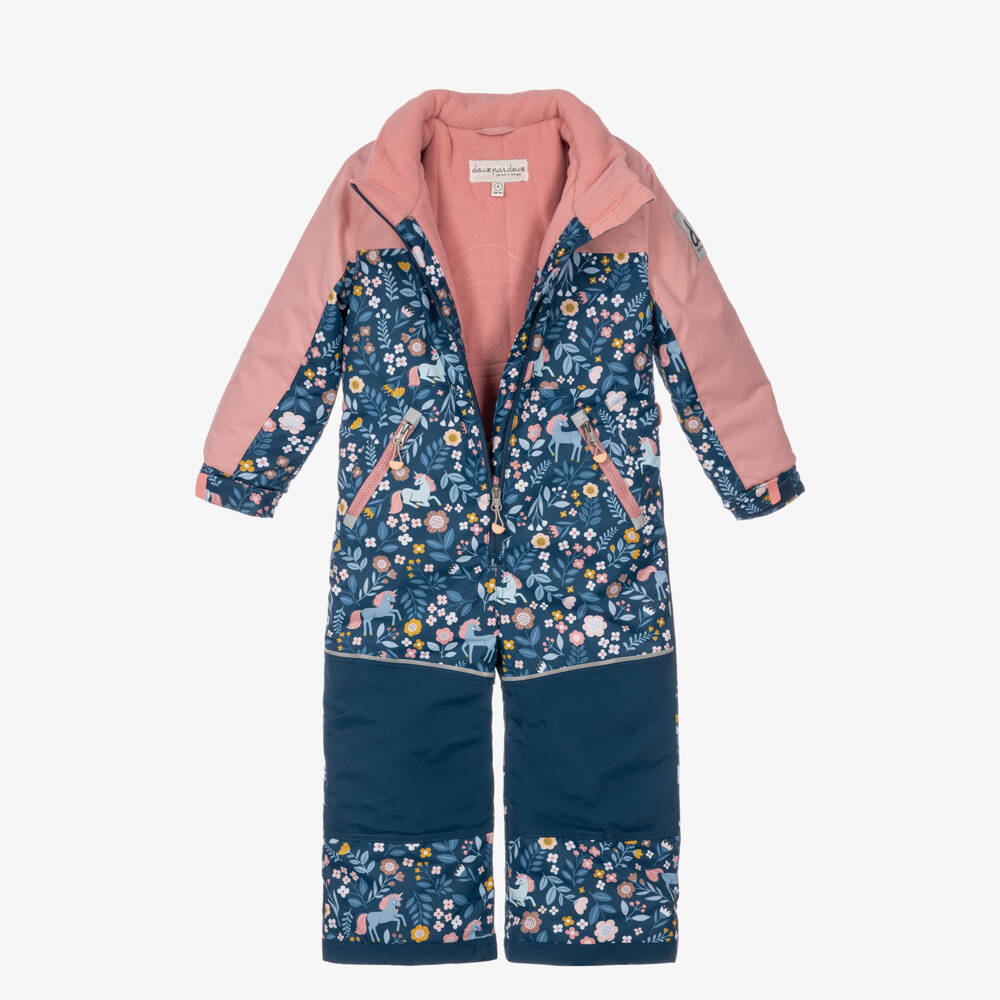Deux par Deux-Girls Blue & Pink Floral Print Snowsuit with Detachable Hood | Childrensalon