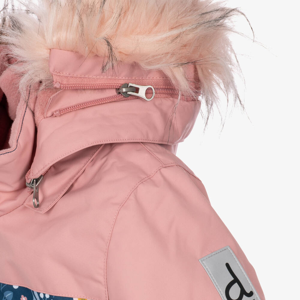 Deux par Deux-Girls Blue & Pink Floral Print Snowsuit with Detachable Hood | Childrensalon