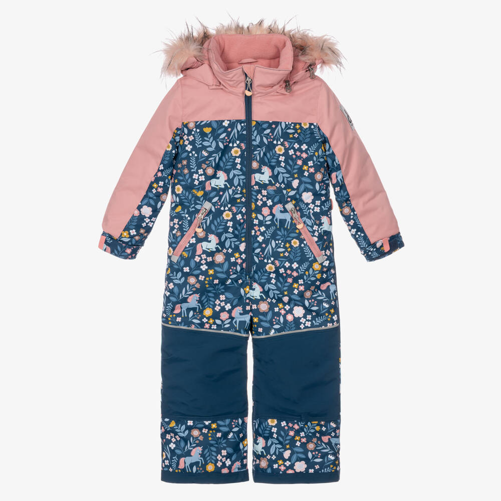 Deux par Deux-Girls Blue & Pink Floral Print Snowsuit with Detachable Hood | Childrensalon