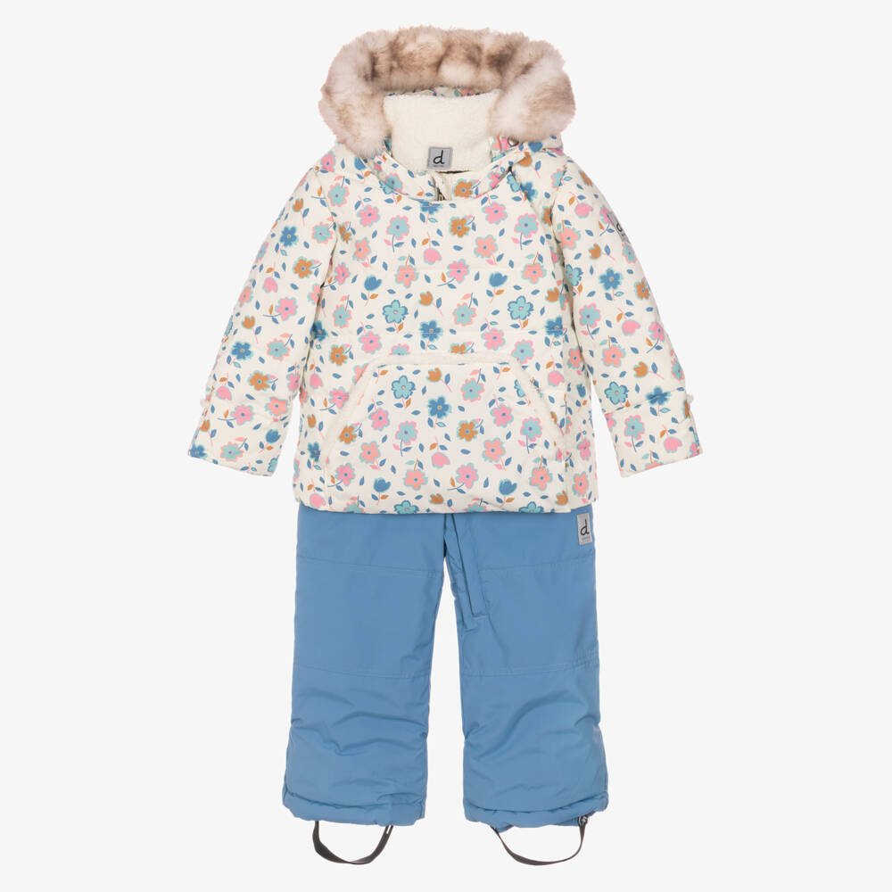 Deux par Deux-Girls Ivory & Blue Floral Print Technical Snowsuit | Childrensalon