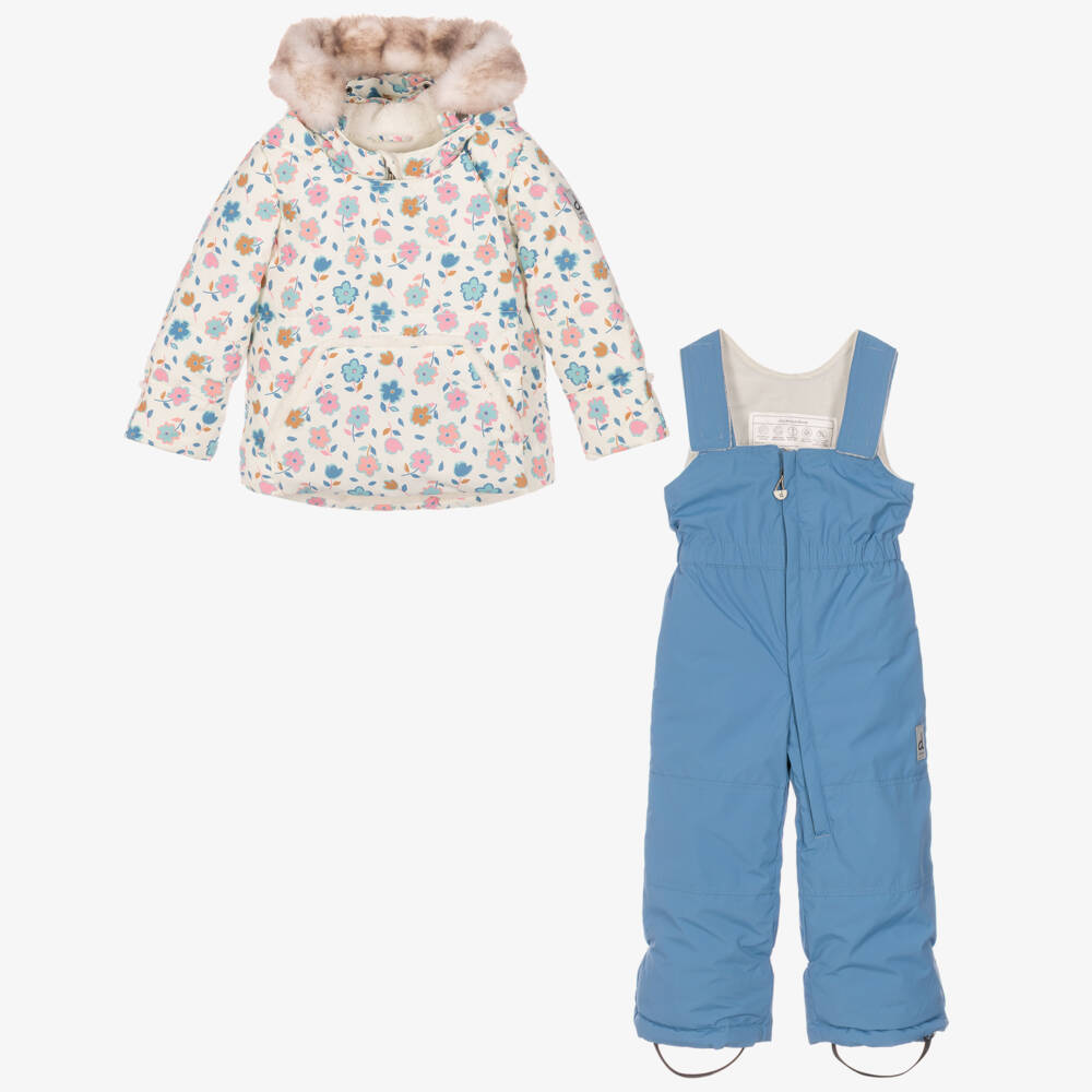 Deux par Deux-Girls Ivory & Blue Floral Print Technical Snowsuit | Childrensalon