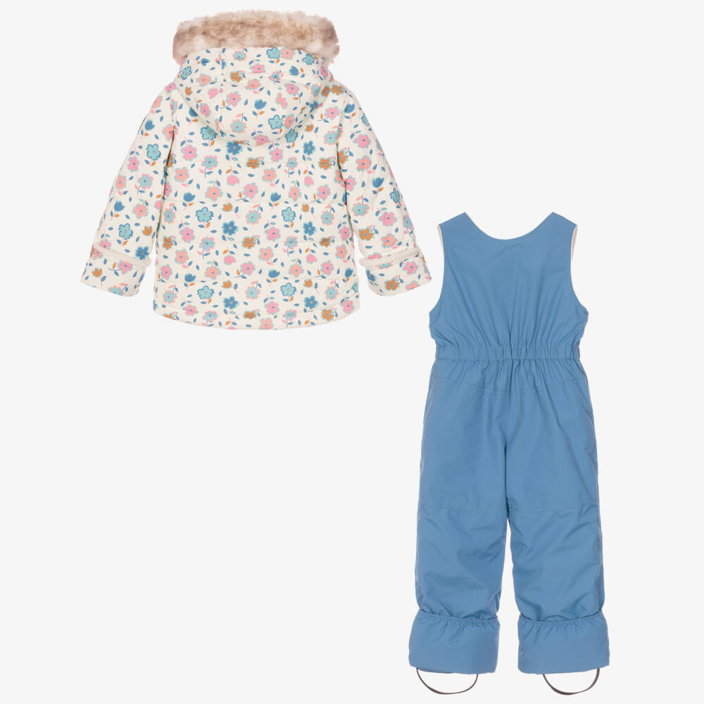 Deux par Deux-Girls Ivory & Blue Floral Print Technical Snowsuit | Childrensalon