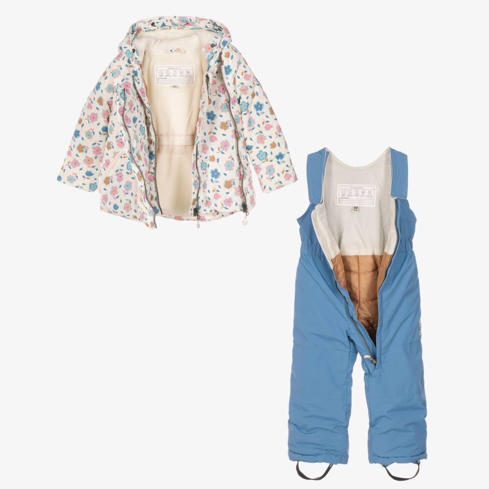 Deux par Deux-Girls Ivory & Blue Floral Print Technical Snowsuit | Childrensalon