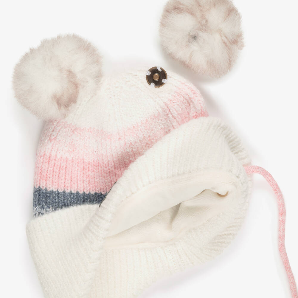 Deux par Deux-Girls Ivory & Pink Striped Knit Hat with Fluffy Pom-Poms | Childrensalon