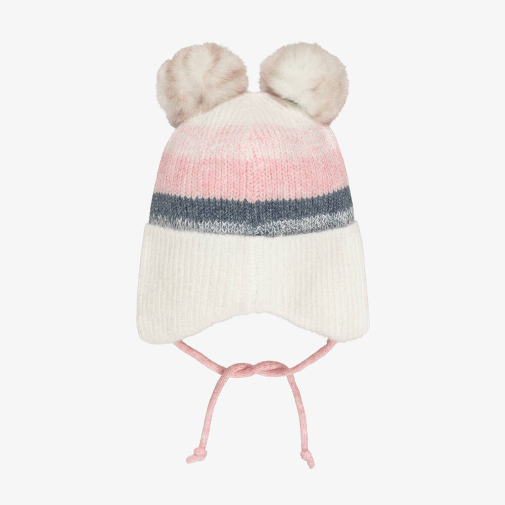 Deux par Deux-Girls Ivory & Pink Striped Knit Hat with Fluffy Pom-Poms | Childrensalon