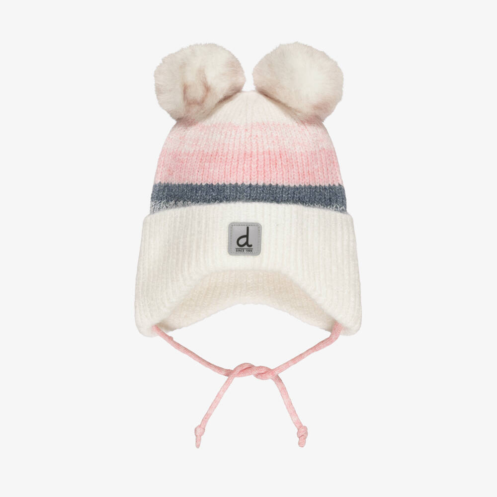 Deux par Deux-Girls Ivory & Pink Striped Knit Hat with Fluffy Pom-Poms | Childrensalon