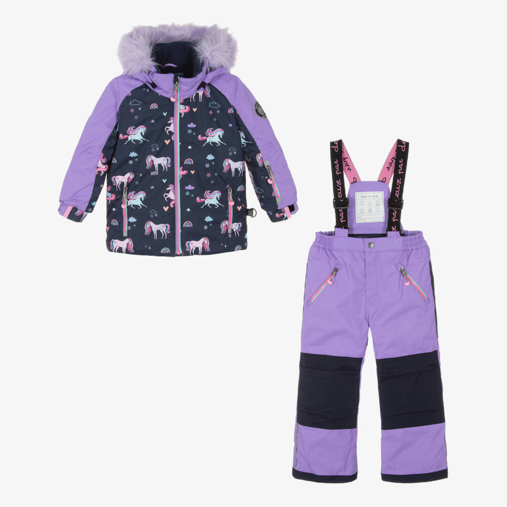 Deux par Deux-Girls Lilac Purple & Navy Blue Unicorn Print Snowsuit | Childrensalon