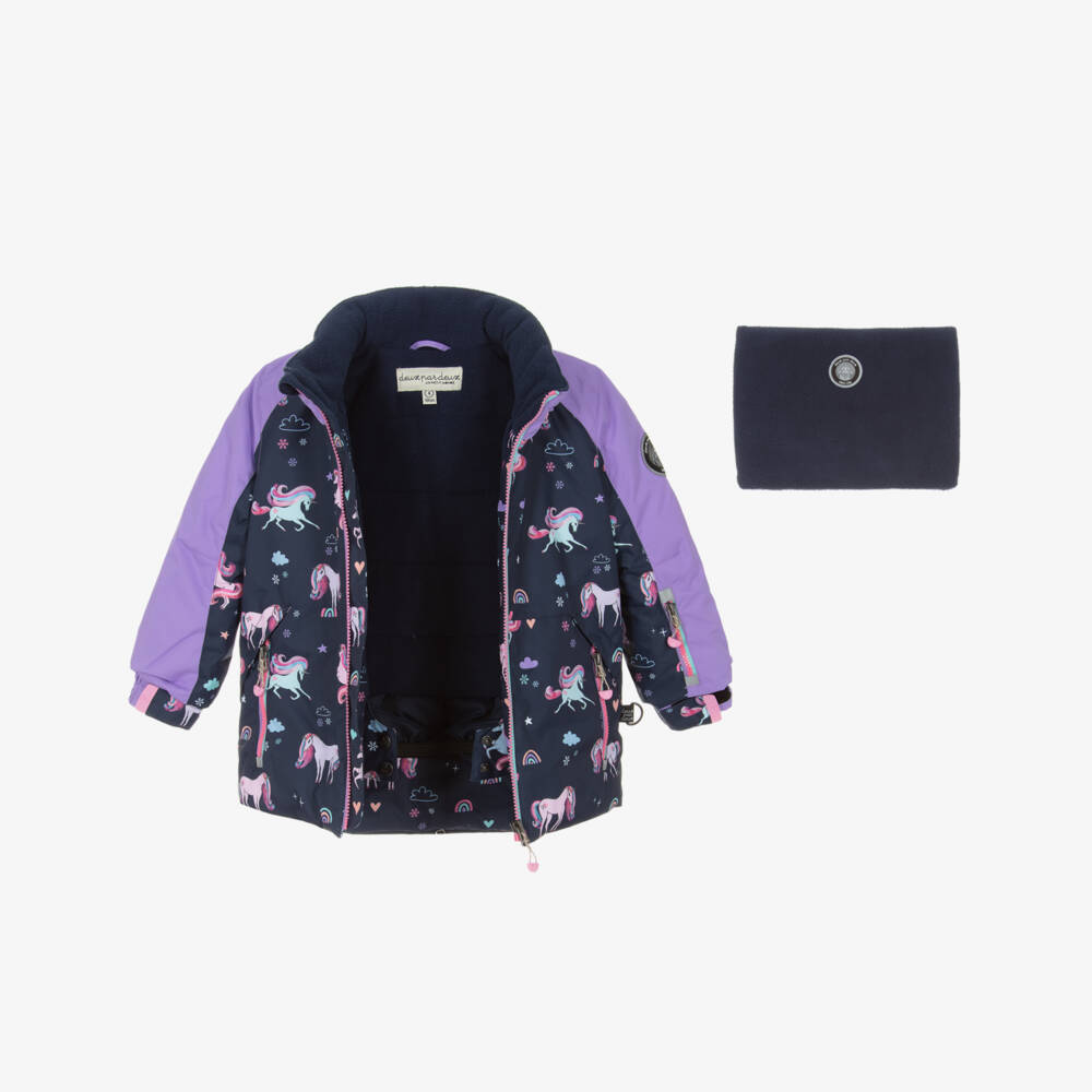 Deux par Deux-Girls Lilac Purple & Navy Blue Unicorn Print Snowsuit | Childrensalon