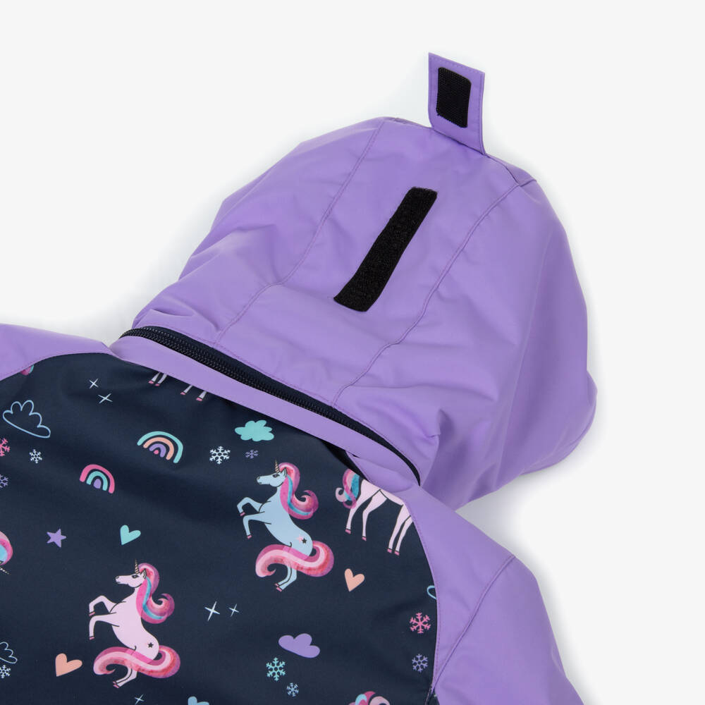 Deux par Deux-Girls Lilac Purple & Navy Blue Unicorn Print Snowsuit | Childrensalon