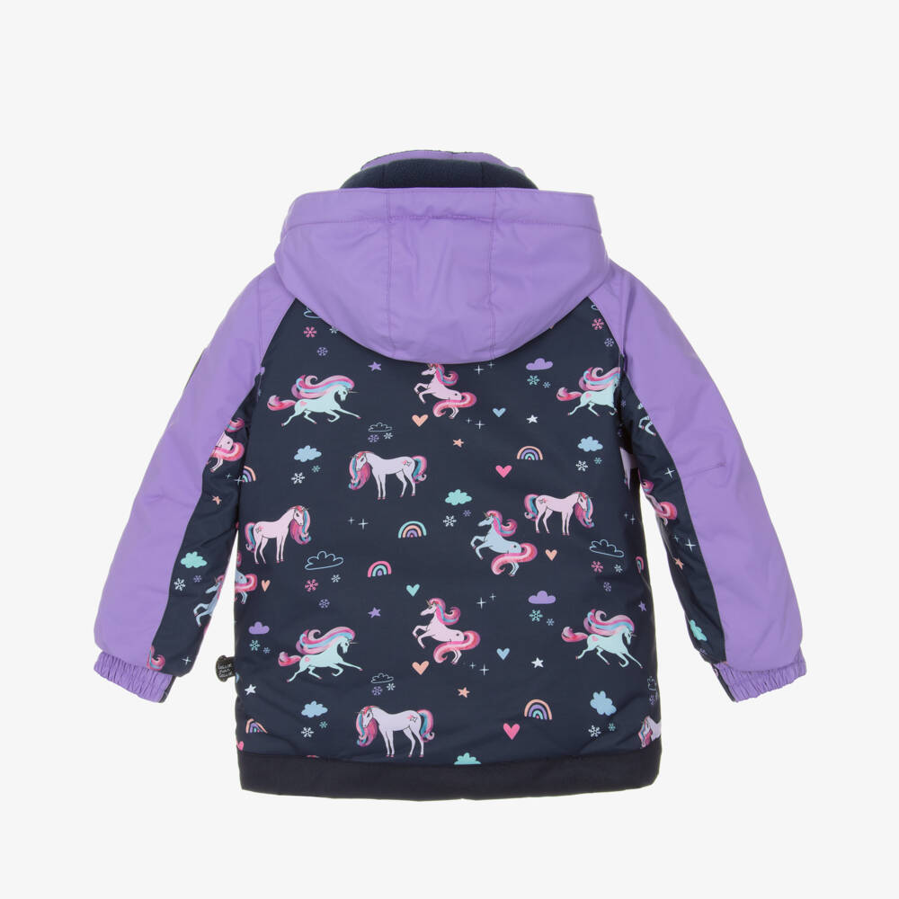 Deux par Deux-Girls Lilac Purple & Navy Blue Unicorn Print Snowsuit | Childrensalon
