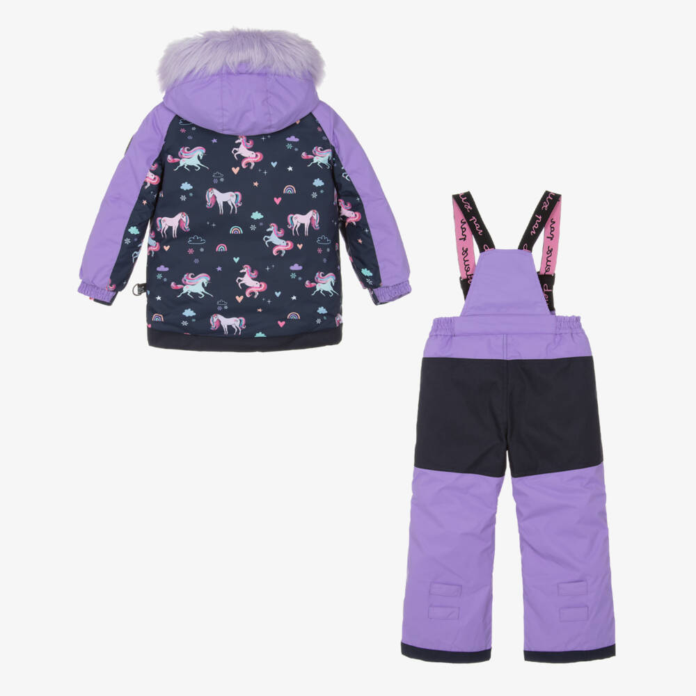 Deux par Deux-Girls Lilac Purple & Navy Blue Unicorn Print Snowsuit | Childrensalon
