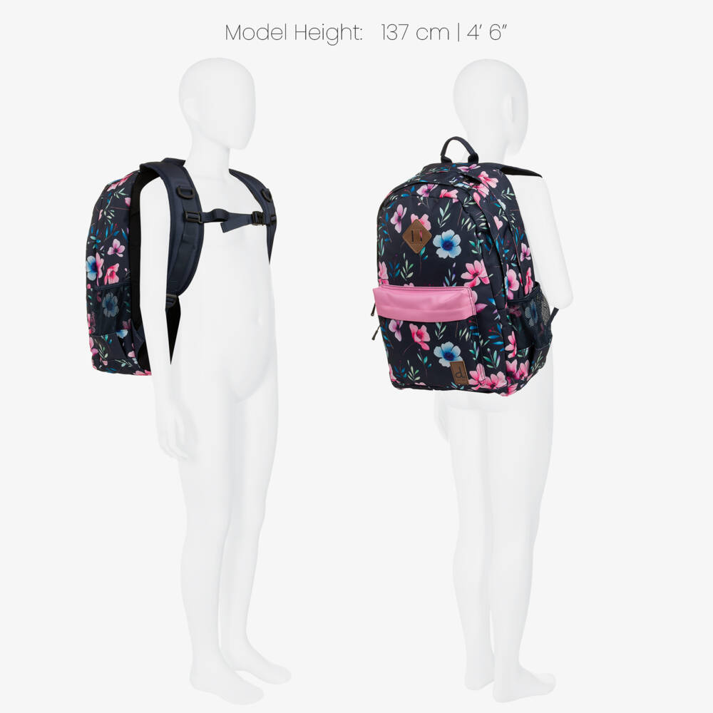 Deux par Deux-Girls Navy Blue Flower Print Backpack (46cm) | Childrensalon