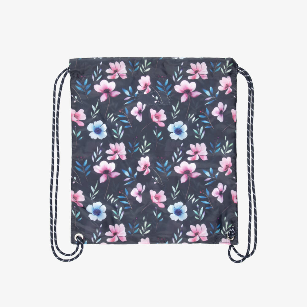 Deux par Deux-Girls Navy Blue Flower Print Drawstring Backpack (39cm) | Childrensalon